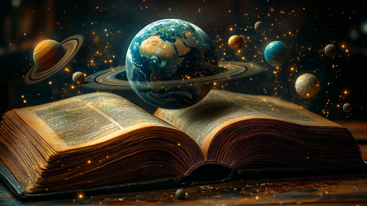 Open book with floating planets above earth in a dark setting with glowing stars