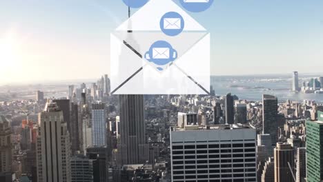 multiple message icons floating against aerial view of cityscape