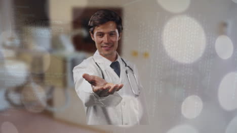animación de puntos sobre un médico caucásico con un estetoscopio