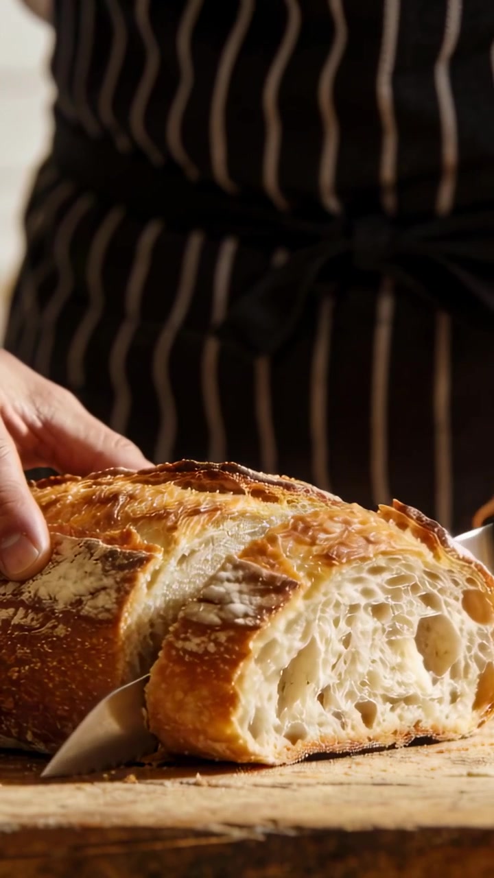 Vertical video: Placing left hand, chef in striped apron slicing loaf on board with knife, serving