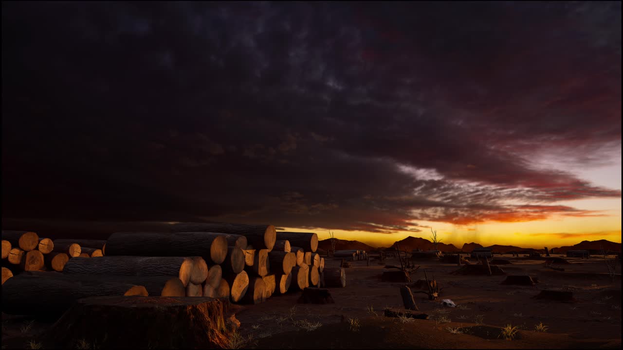 troncos de árboles dejados después de la deforestación, hora de la puesta del sol