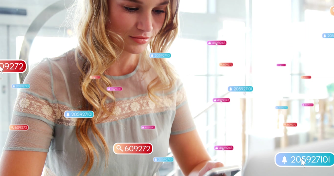 Incoming badges appearing as woman swiping smartphone for marketing, glancing at laptop and smiling