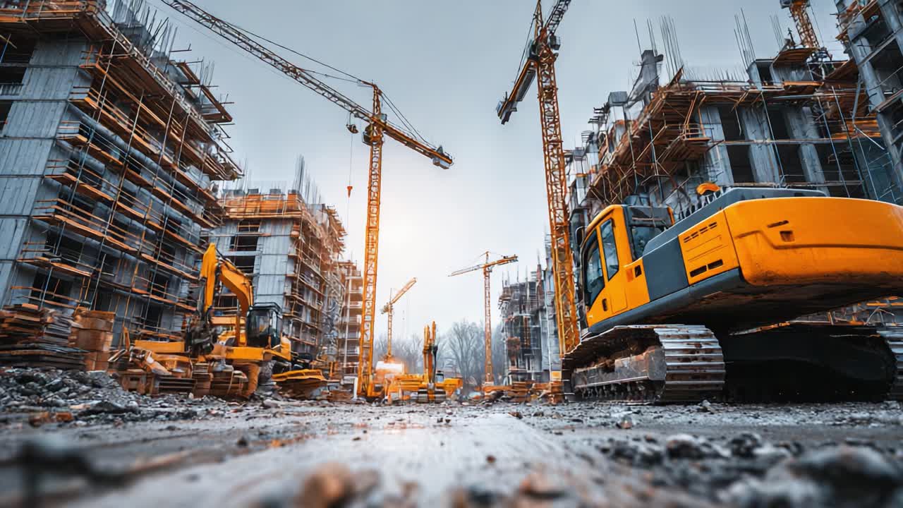 Dynamic Construction Site with Heavy Machinery and Cranes at Dawn, Showcasing Modern Building Techniques in an Urban Environment
