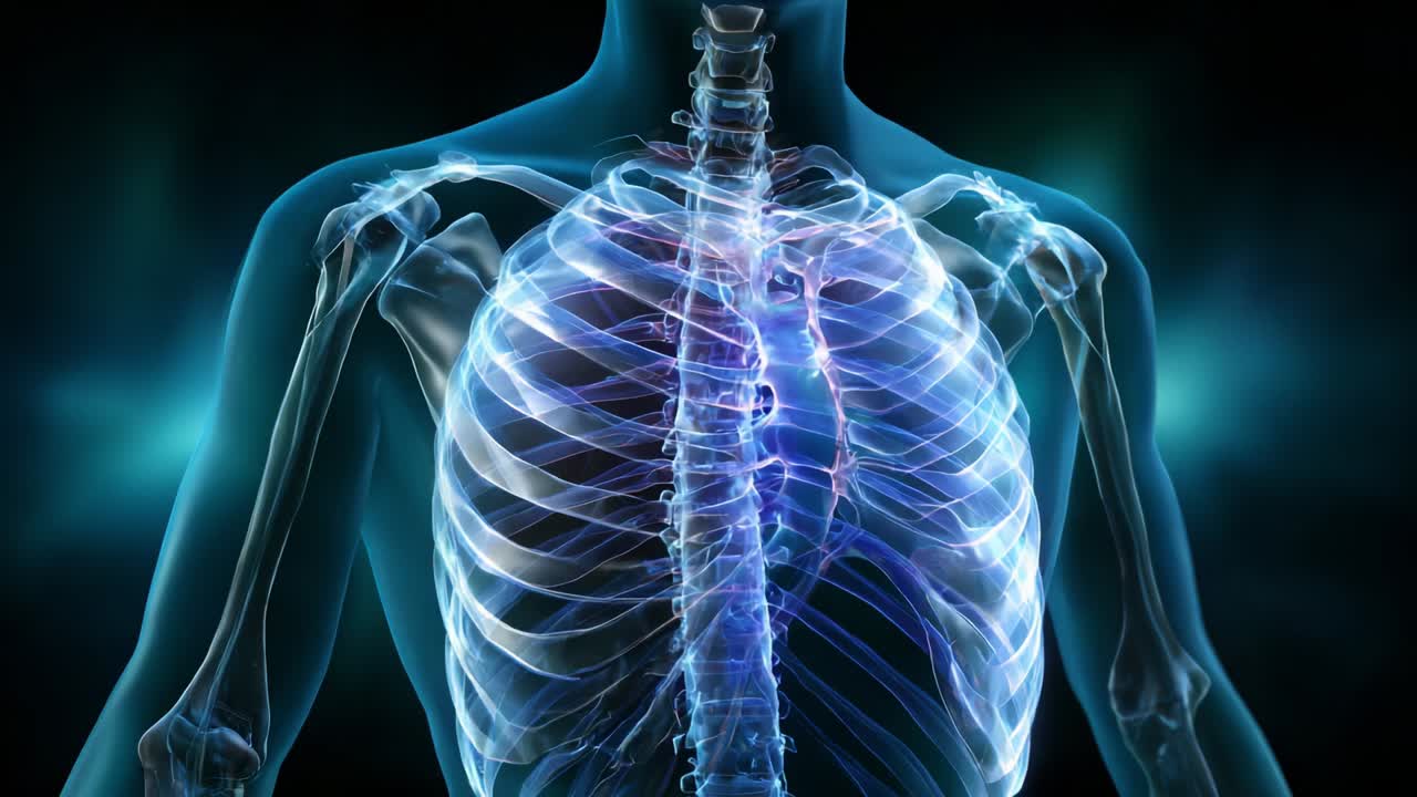 Illuminating the Human Body: A Stunning Visualization of the Human Ribcage and Spine, Highlighting the Intricate Structure of the Ribcage, Lungs, and Spine in a Radiant X-ray Style Imaging