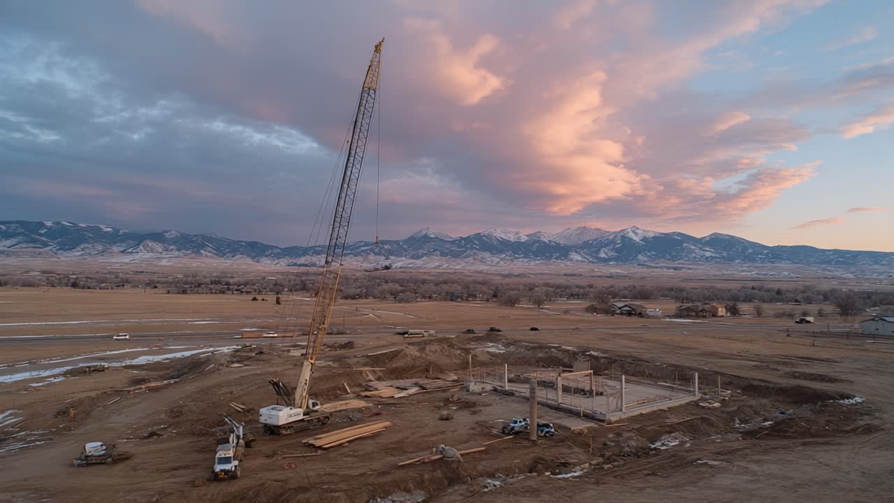 Construction Site at Dusk: A Crane Towers Over a Vast Landscape with Mountains in the Background as Foundation Work Commences Under a Beautiful Sky