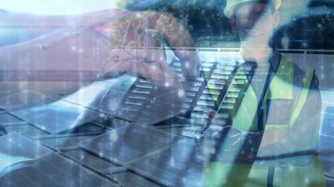 animación de una persona escribiendo en el teclado de la computadora sobre paneles solares y ingeniero masculino