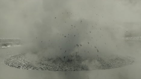 boiling hot geothermal volcanic mud pool, closeup shot steamy lake bubbling mud and steam