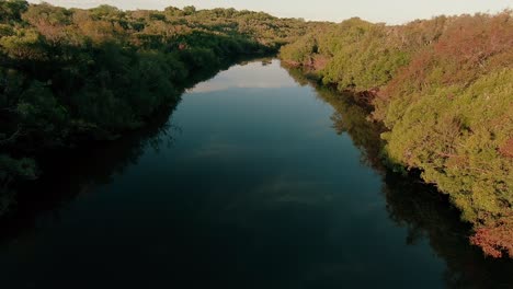 Drone-flying-over-a-river-in-the-countryside