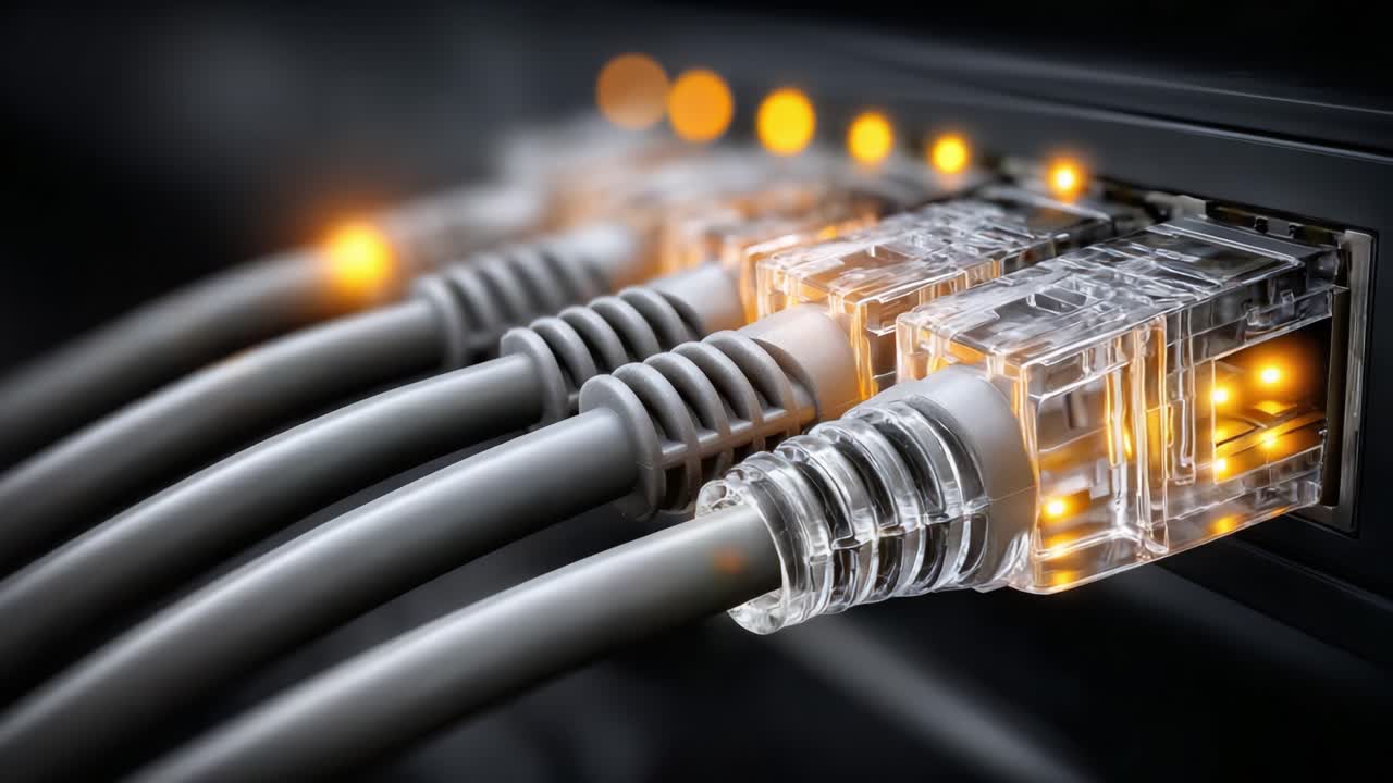 Modern Network Connectivity: An Up-Close View of Ethernet Cables Connected to a Router with Illuminated Ports Indicating Active Data Transmission