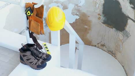 shoes, tool belt and hardhat arranged together 4k