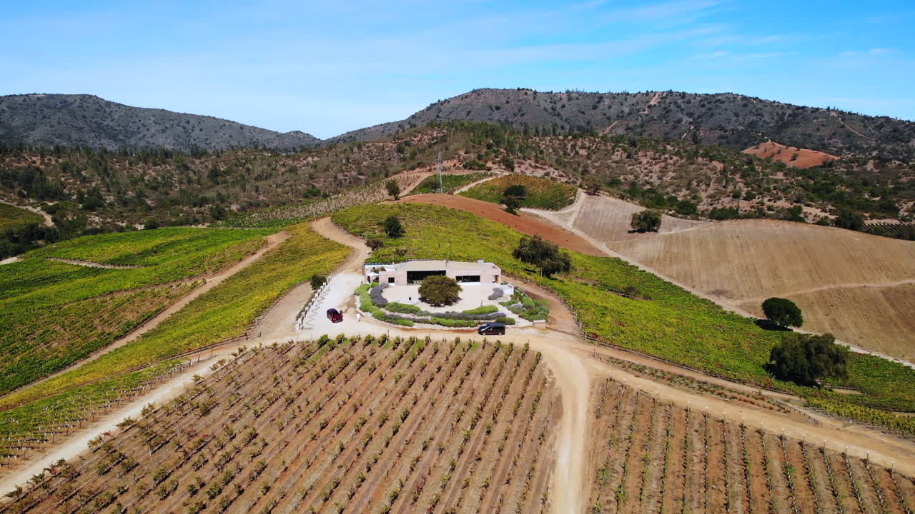 Aerial view of a vineyard with a house in a rural landscape
