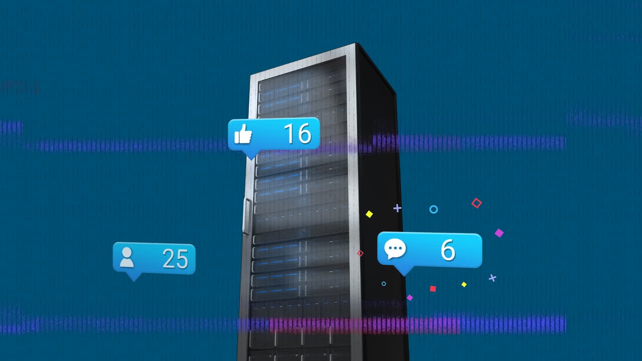 Animation of social media notifications and data processing over computer server
