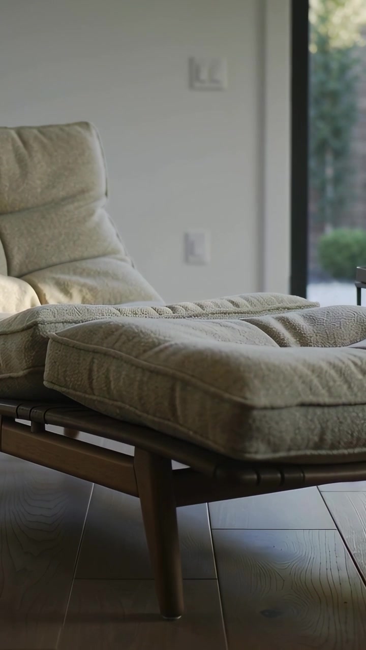 Video vertical: Cámara en movimiento que revela una chaise longue capitoné en un salón, mostrando muebles y una puerta de cristal