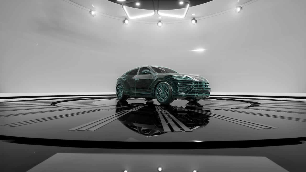Modello digitale di auto wireframe in uno studio ad alta tecnologia