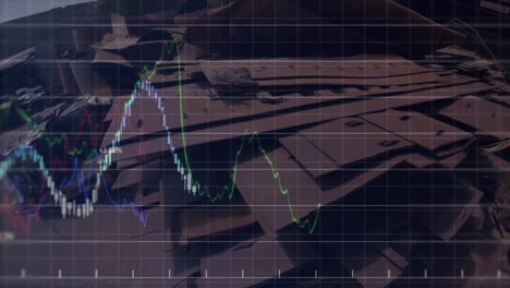 animación de múltiples gráficos, números cambiantes, vista de ángulo alto de chatarra de metal en el depósito de chatarras