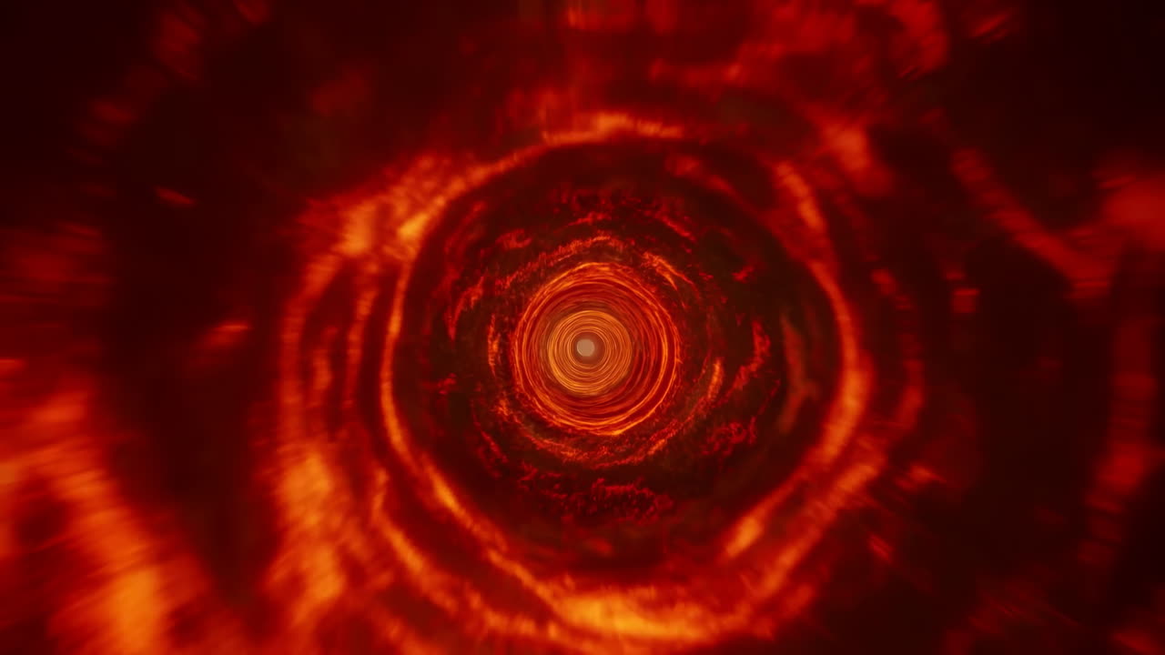 Feuriger Wirbeltunnel mit wirbelnden orangefarbenen Ringen, rotierende Plasmaschichten bilden eine hypnotische Spirale, intensive Flamme