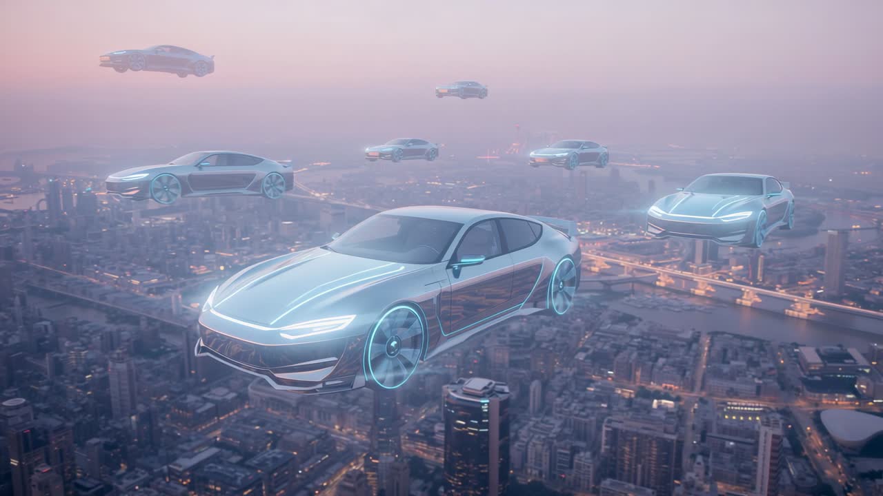 Emerging from misty horizon six electric cars aligning above city at dawn forming neon-blue fleet