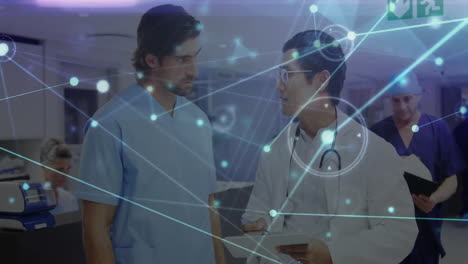 discussing patient data with digital network overlay, healthcare professionals collaborating