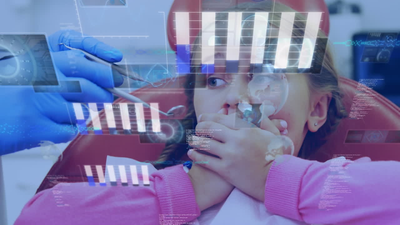 animación del procesamiento de datos sobre la niña en la silla del dentista