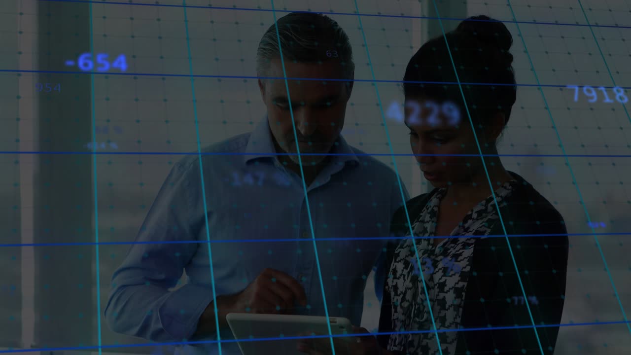 Business colleagues tapping tablet, causing overlay updating percentages while reviewing data