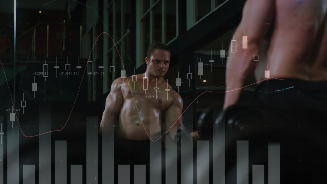 Camera pulling back showing man curling weights in gym, finance charts over mirror, checking form