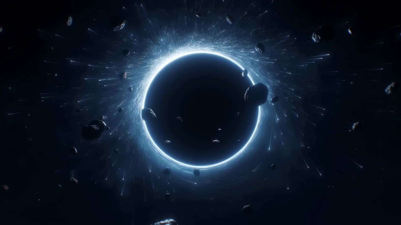 Dark Ringed Planet Surrounded By Glowing Halo And Drifting Asteroids, Dramatic Orbital Debris And Cold Cosmic