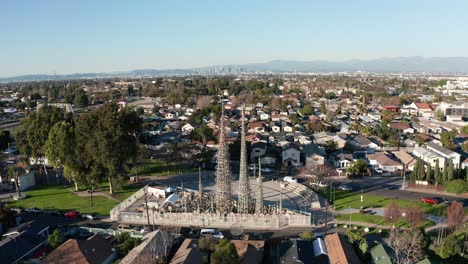 Aerial-static-shot-of-the-Watts-Towers-in-Los-Angeles,-California