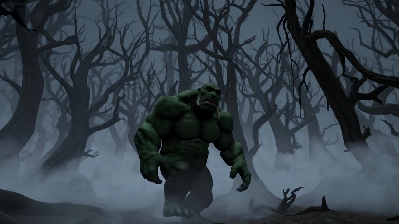 Monstruo Orco Verde Caminando por un Oscuro y Brumoso Bosque de Fantasía