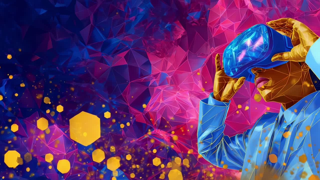 Immersive Virtual Reality Experience: A Person Engaging with Advanced VR Technology against a Vibrant, Geometric Background Filled with Striking Colors and Dynamic Patterns