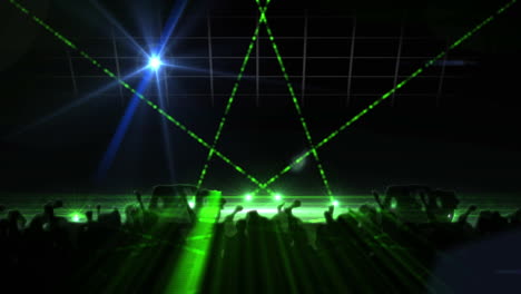 digital animation of green shining lights over silhouette of people dancing