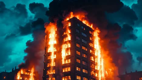 a tall building is engulfed by flames and smoke