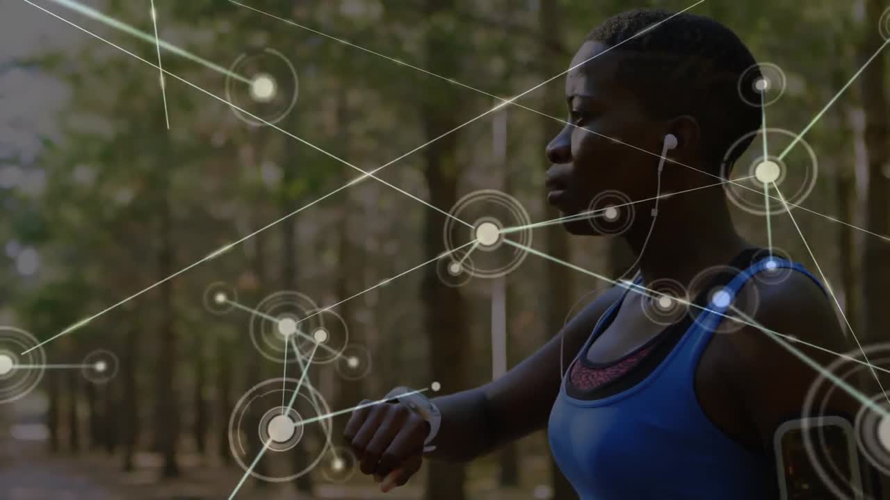 Animation of network of connections over woman exercising in forest