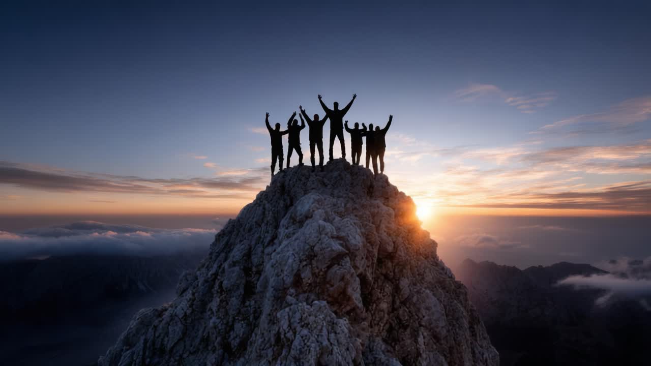 A Breathtaking Sunrise Expedition: Adventurers Celebrate atop a Majestic Mountain Peak Surrounded by Clouds and Stunning Views