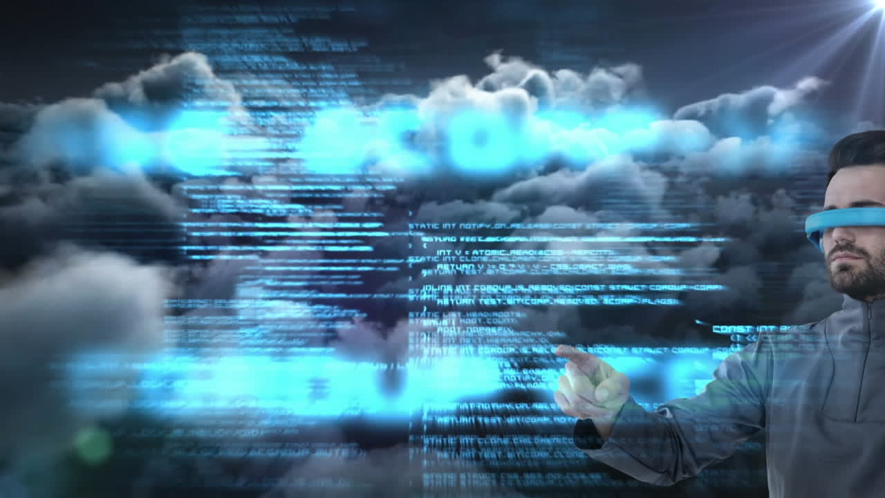 hombre caucásico con gafas vr tocando pantalla invisible contra el procesamiento de datos y nubes oscuras