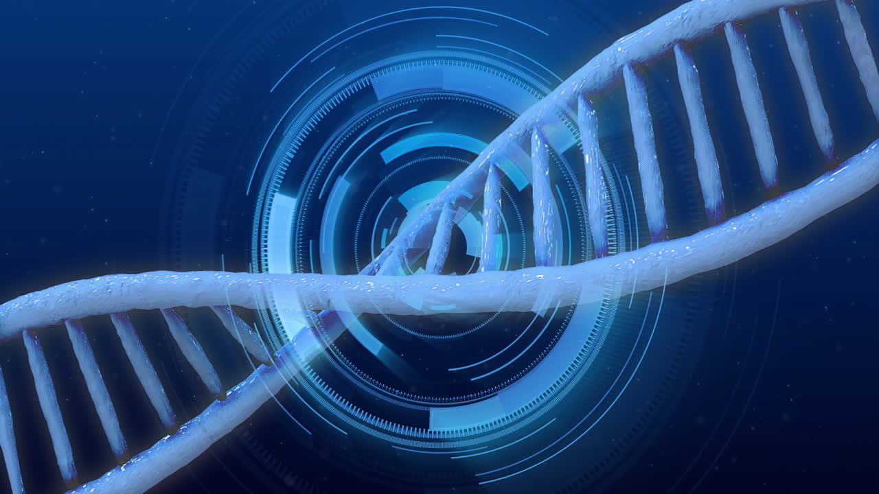 DNA strand with rotating circular elements, scientific data processing animation