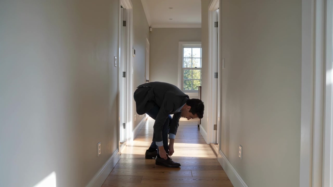 Un uomo in blazer grigio che si mette una scarpa elegante in corridoio, preparandosi ad alzarsi, con attenzione alle scarpe.