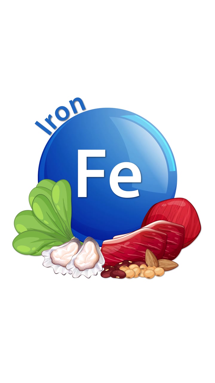 Un'icona blu di ferro (Fe) viene gradualmente circondata da spinaci illustrati, carne rossa, noci e semi su uno sfondo bianco pulito con transizioni fluide.