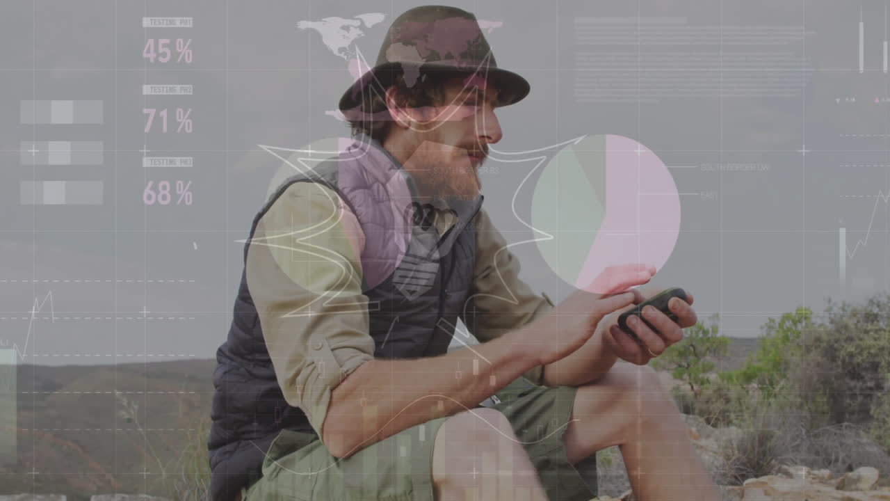 male hiker tapping smartphone on rocky hillside, showcasing animated gear icons and tech charts