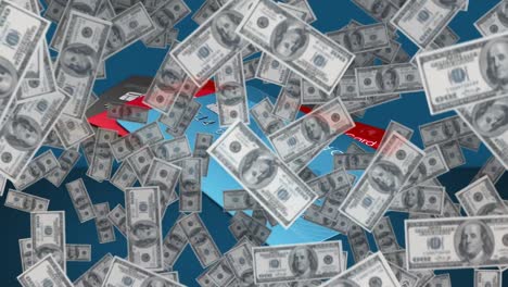 animation of american dollar banknotes falling over credit card and red line processing