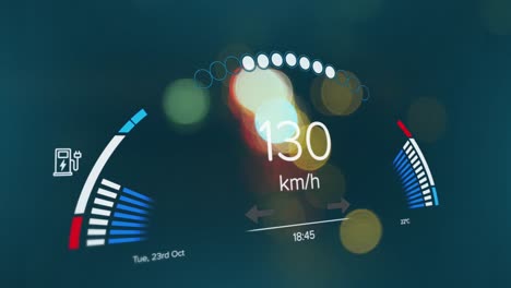 animación de números cambiantes en el velocímetro sobre luces borrosas de vehículos en la calle