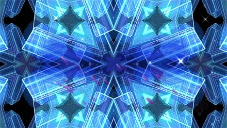 digital animation of purple light trails over blue kaleidoscopic patterns on black background