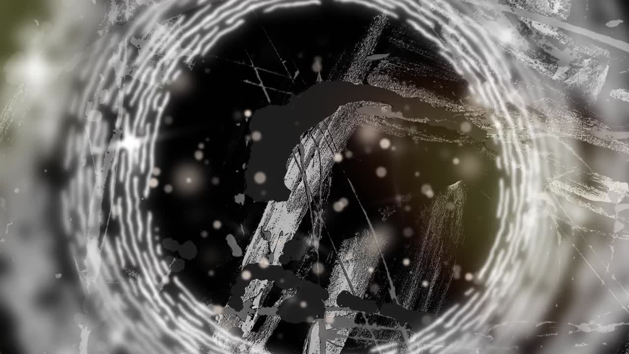 검은 바탕에 움직이는 유기적인 색 질의 움직임 위에 반이는 빛 입자의 애니메이션