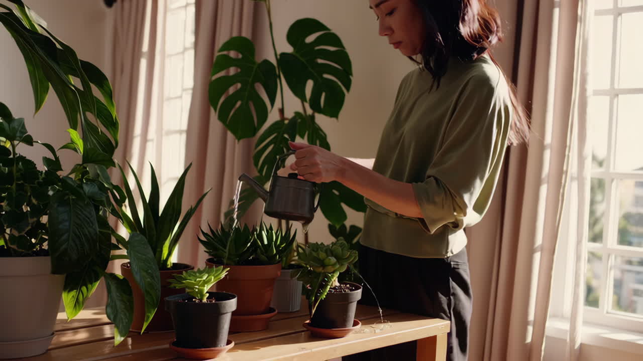 가옥 식물 에 물 을 주고 있는 여자