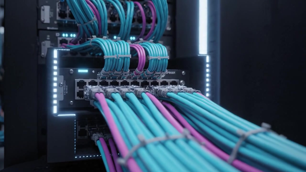 Detailed Overview of a Modern Data Center Infrastructure Highlighting Network Cables and Connections in a High-Tech Server Environment