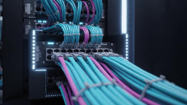 Detailed Overview of a Modern Data Center Infrastructure Highlighting Network Cables and Connections in a High-Tech Server Environment