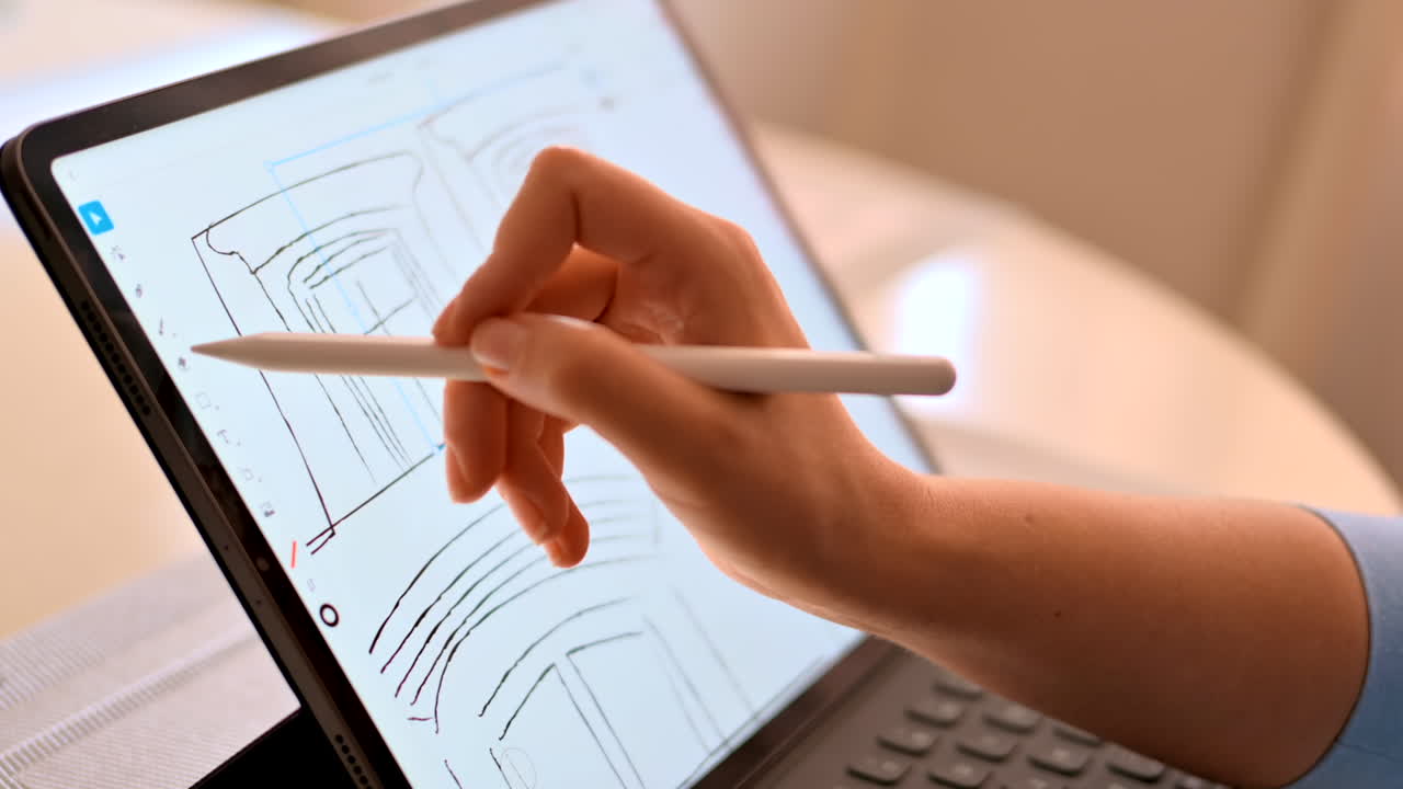 Mulher desenhando um prédio em uma mesa digitalizadora com uma caneta stylus