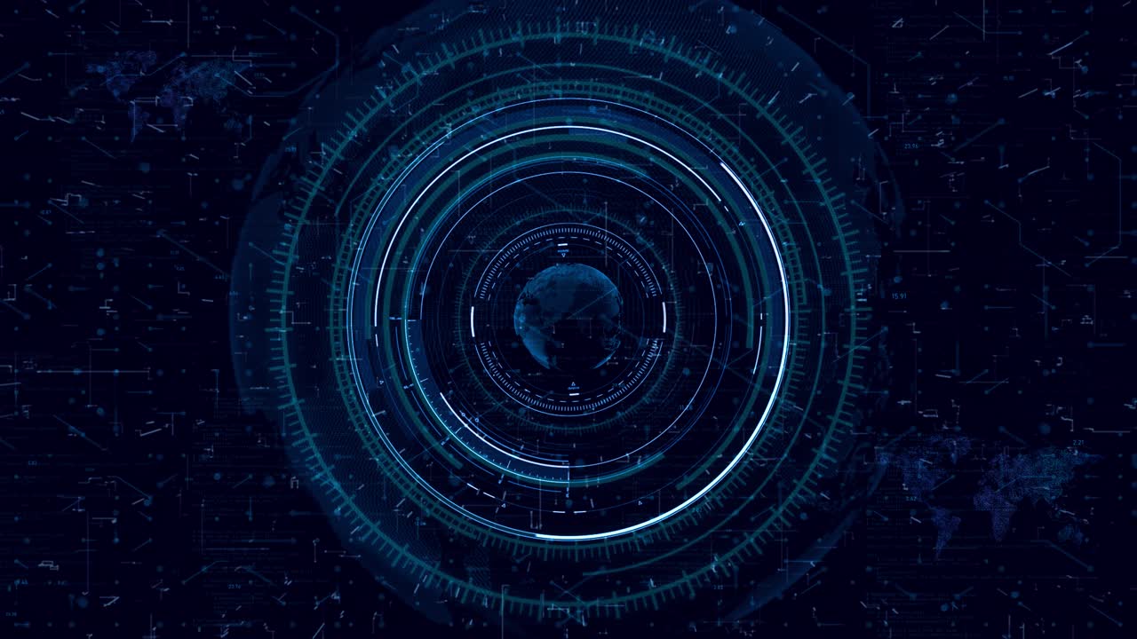 Future-Tech AI Interface: Blue Circuit HUD with Global Map, Futuristic Elements, and Hi-Tech Design for Digital Screens