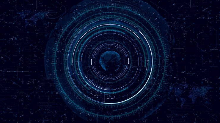 Future-Tech AI Interface: Blue Circuit HUD with Global Map, Futuristic Elements, and Hi-Tech Design for Digital Screens