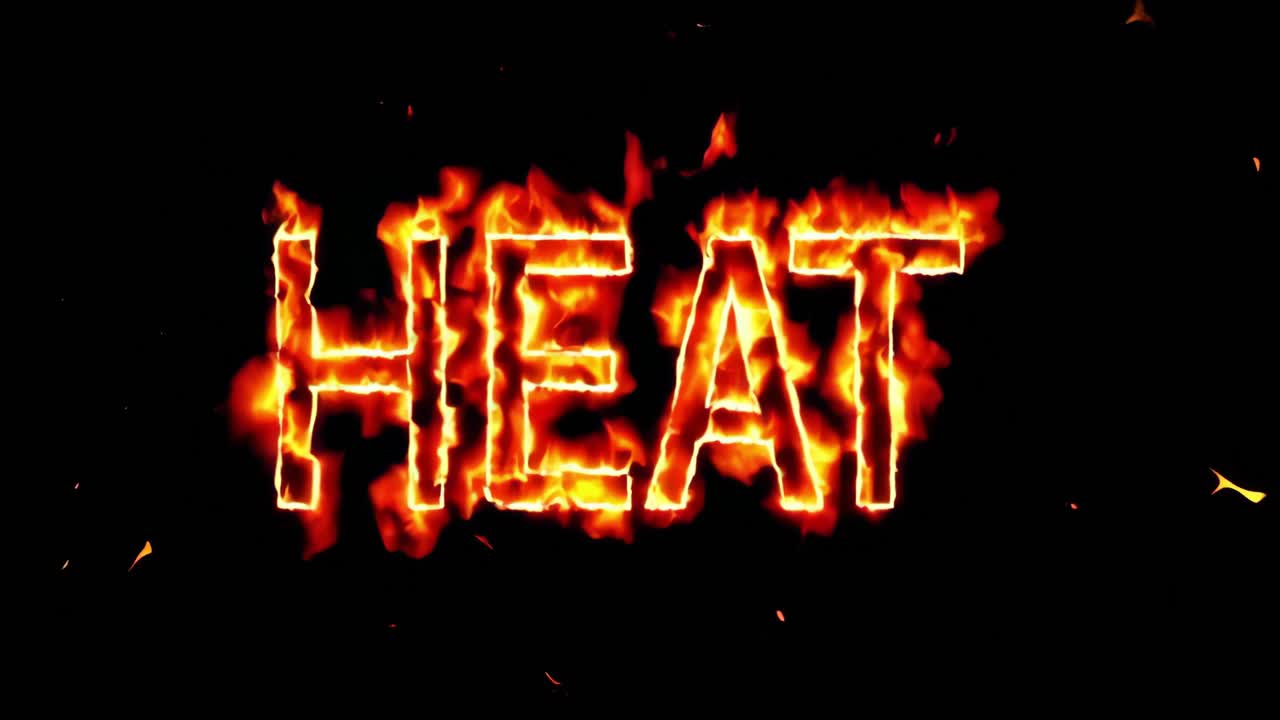 Fiery heat word burning on a black background creating a dramatic visual effect, evoking concepts of extreme temperatures, fire, and global warming