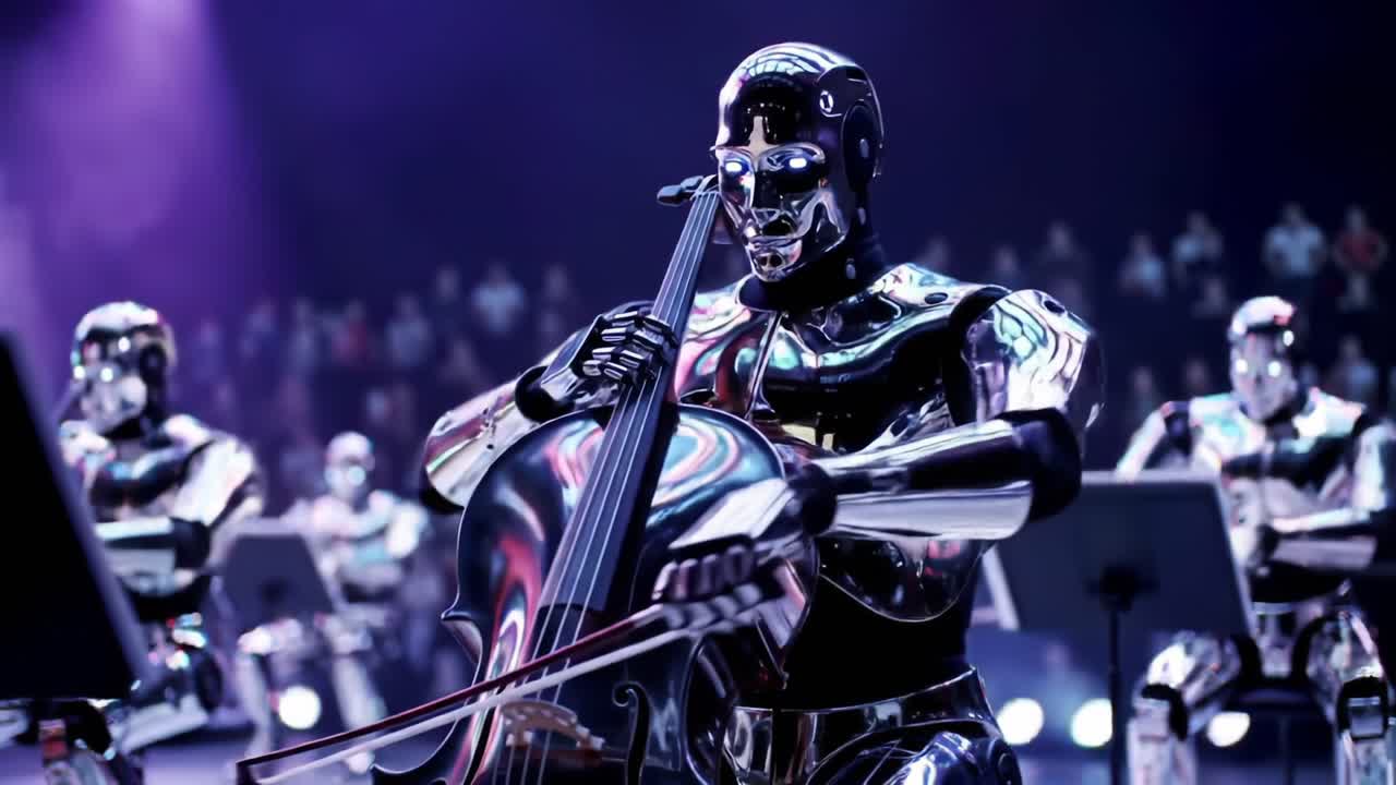 A Stunning Display of Robotic Musicianship: Chrome Robots Performing an Enchanting Cello Concert with Precision, Skill, and Artistic Flair Under Spectacular Stage Lighting